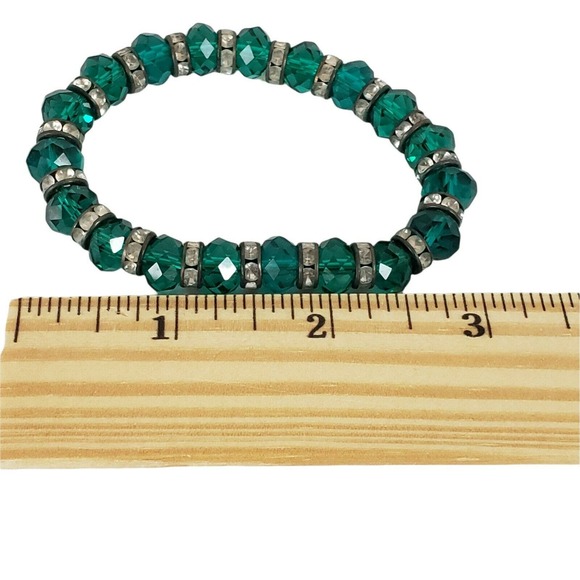 Womens Bracelet Ring 2 Piece Set Stretch Green Faceted Glass Rhinestone Vintage - Picture 3 of 9